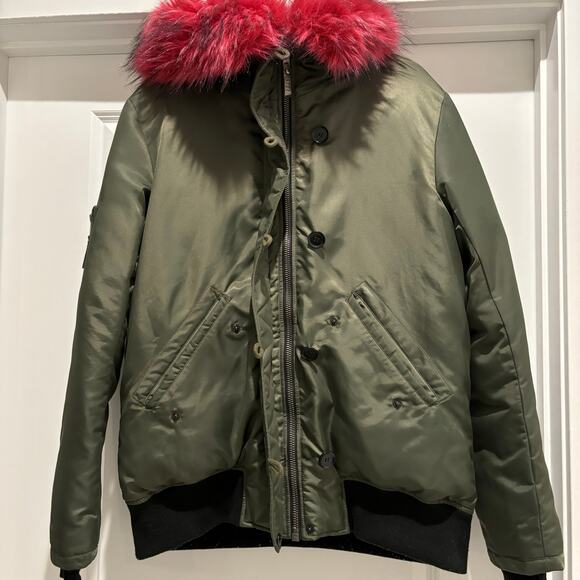 S13 New York army green down puffer coat w/ hot pink faux fur trim hood XL VGUC - Picture 7 of 9